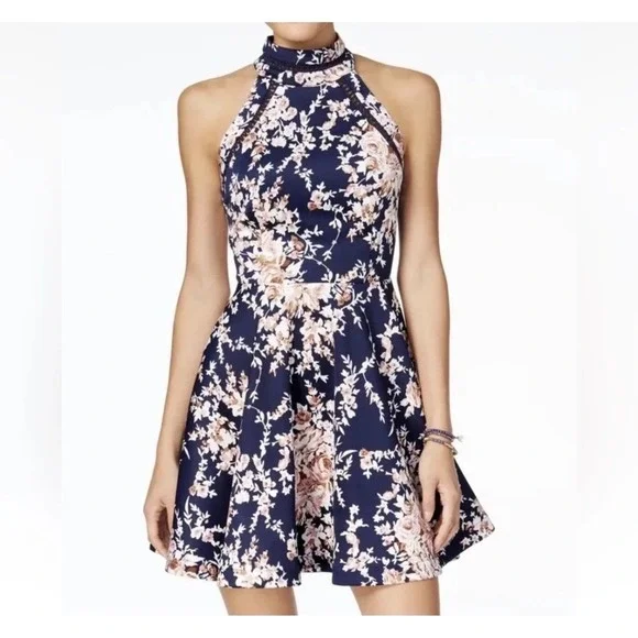 B. Darlin Navy Floral Halter Skater Dress Crochet Trim I56FJ478 Size 7/8 - Picture 1 of 9